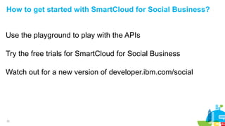 22
How to get started with SmartCloud for Social Business?
Use the playground to play with the APIs
Try the free trials for SmartCloud for Social Business
Watch out for a new version of developer.ibm.com/social
 