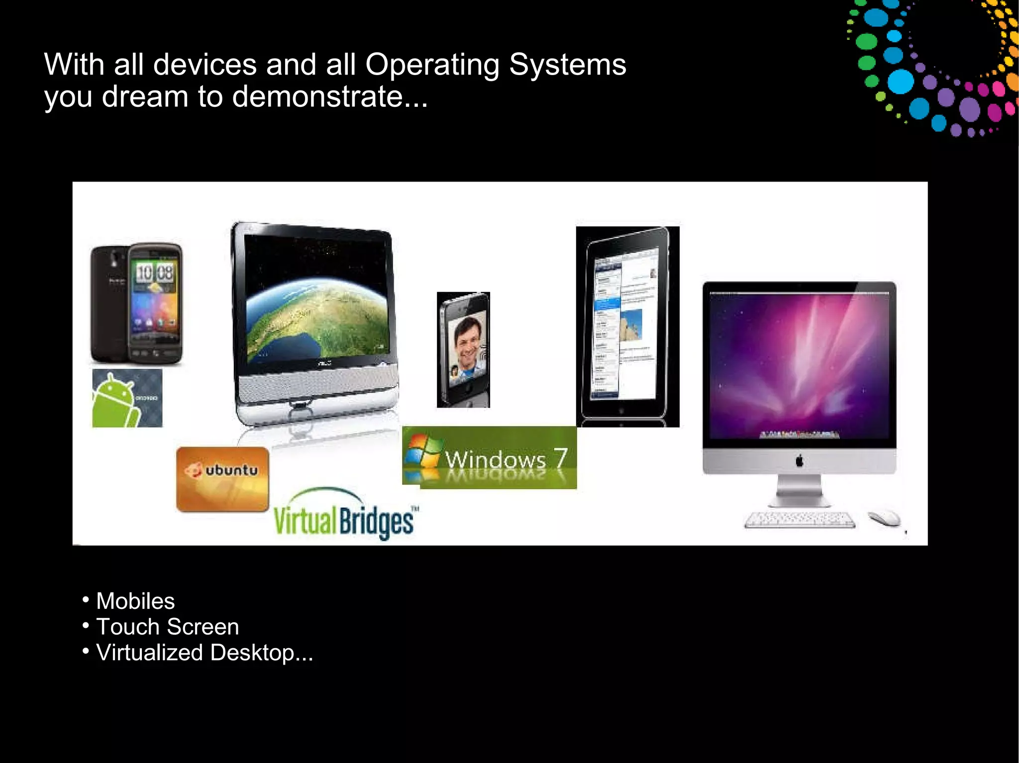 With all devices and all Operating Systems  you dream to demonstrate... Mobiles Touch Screen Virtualized Desktop... 