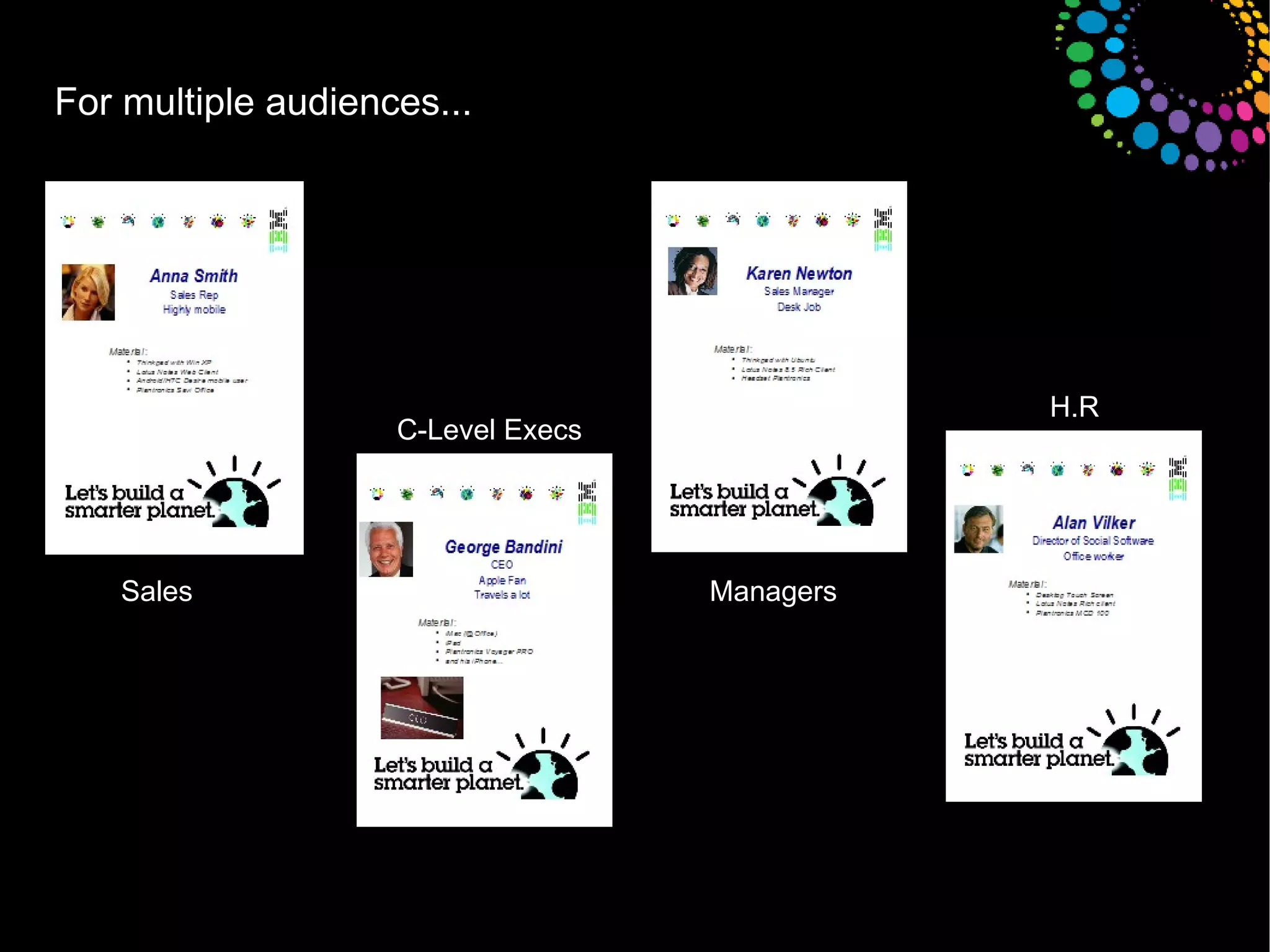 For multiple audiences... Sales C-Level Execs Managers H.R 