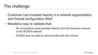 11 Copyright © 2014, FireEye, Inc. All rights reserved.
The challenge
 Customer had invested heavily in a network segmentation
and firewall configuration effort
 Needed a way to validate that:
– No connections were possible directly from the business network
to the SCADA network
– SCADA was not able to communicate with the internet
 