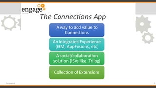 The Connections App
A way to add value to
Connections
An Integrated Experience
(IBM, AppFusions, etc)
A social/collaborati...