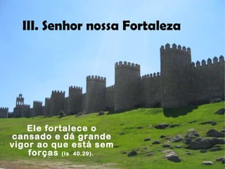 III. Senhor nossa Fortaleza
Ele fortalece o
cansado e dá grande
vigor ao que está sem
forças (Is 40.29).
 