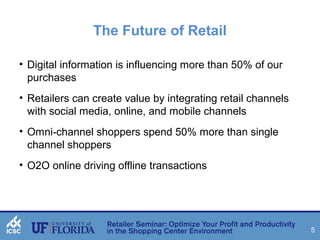 5 
The Future of Retail 
• Digital information is influencing more than 50% of our 
purchases 
• Retailers can create value by integrating retail channels 
with social media, online, and mobile channels 
• Omni-channel shoppers spend 50% more than single 
channel shoppers 
• O2O online driving offline transactions 
 