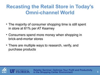 8 
Recasting the Retail Store in Today's 
Omni-channel World 
• The majority of consumer shopping time is still spent 
in store at 61% per AT Kearney 
• Consumers spend more money when shopping in 
brick-and-mortar stores 
• There are multiple ways to research, verify, and 
purchase products 
 
