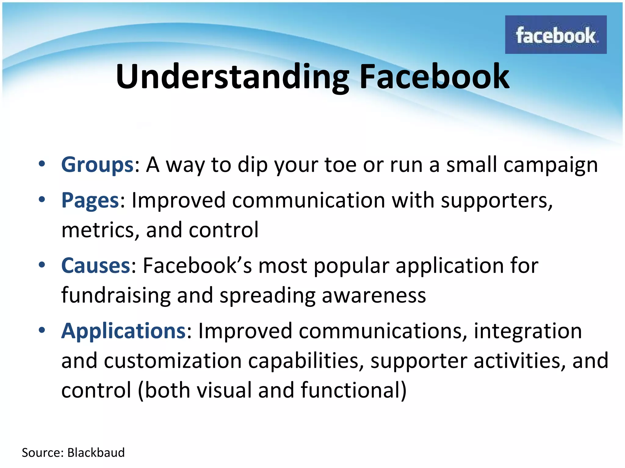Groups : A way to dip your toe or run a small campaign Pages : Improved communication with supporters, metrics, and control Causes : Facebook’s most popular application for fundraising and spreading awareness Applications : Improved communications, integration and customization capabilities, supporter activities, and control (both visual and functional) Understanding Facebook Source: Blackbaud 