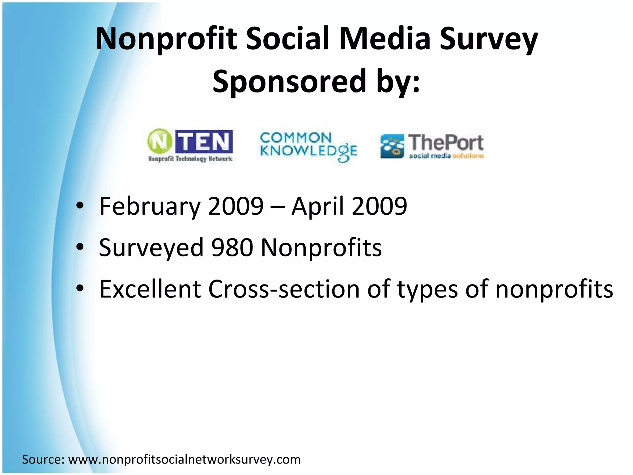 Nonprofit Social Media Survey Sponsored by: February 2009 – April 2009 Surveyed 980 Nonprofits Excellent Cross-section of types of nonprofits Source: www.nonprofitsocialnetworksurvey.com 