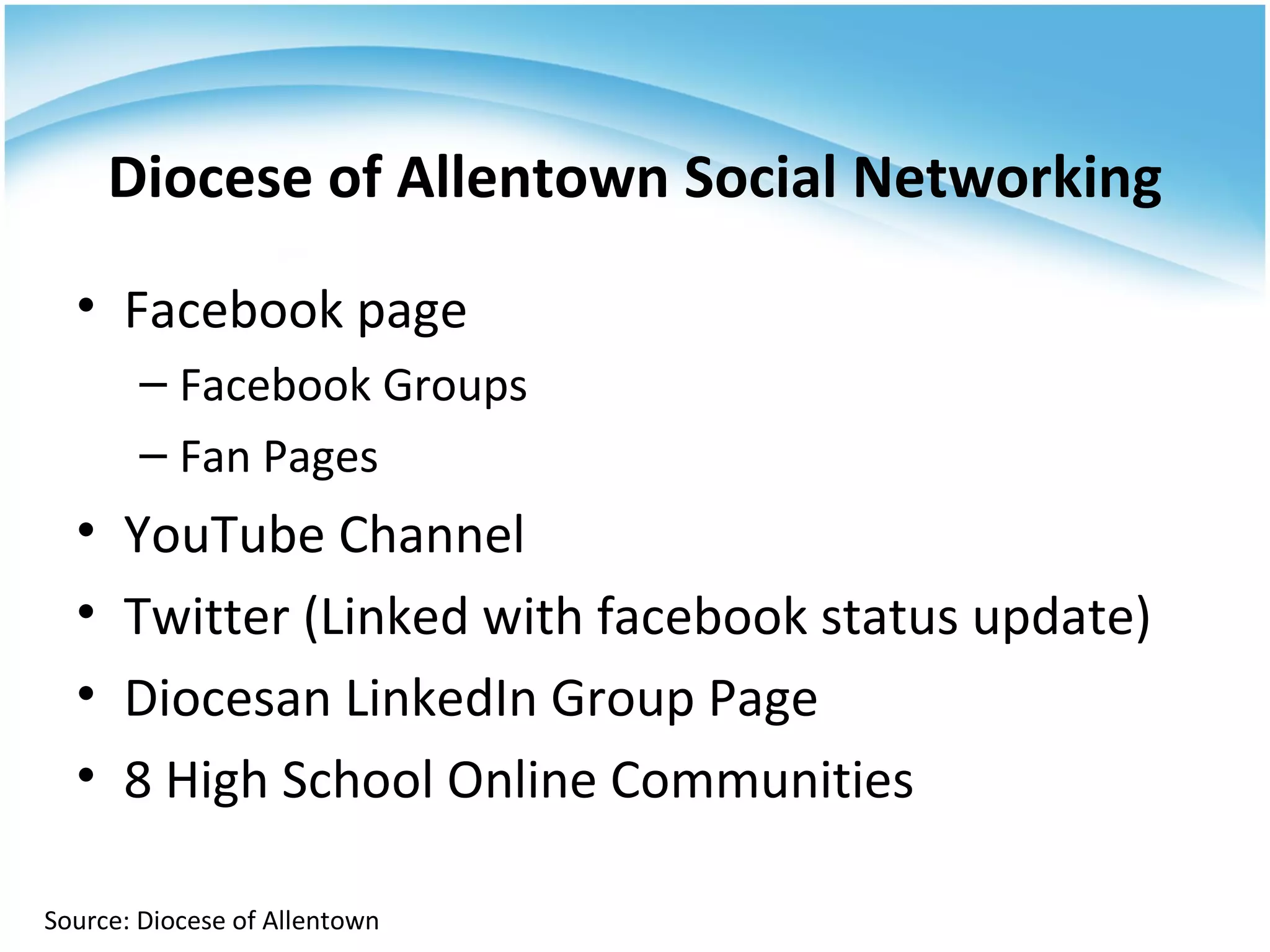 Diocese of Allentown Social Networking Facebook page Facebook Groups Fan Pages YouTube Channel Twitter (Linked with facebook status update) Diocesan LinkedIn Group Page 8 High School Online Communities Source: Diocese of Allentown 