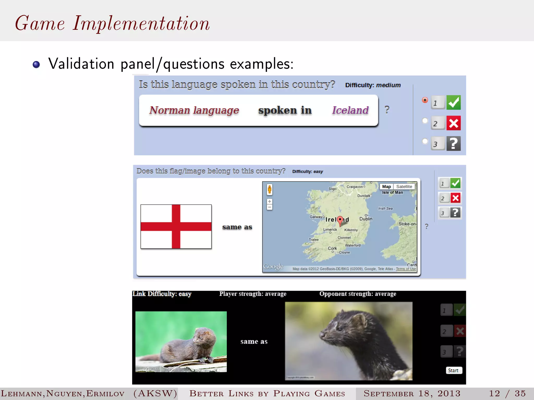 Game Implementation
Validation panel/questions examples:

Lehmann,Nguyen,Ermilov (AKSW)

Better Links by Playing Games

September 18, 2013

12 / 35

 
