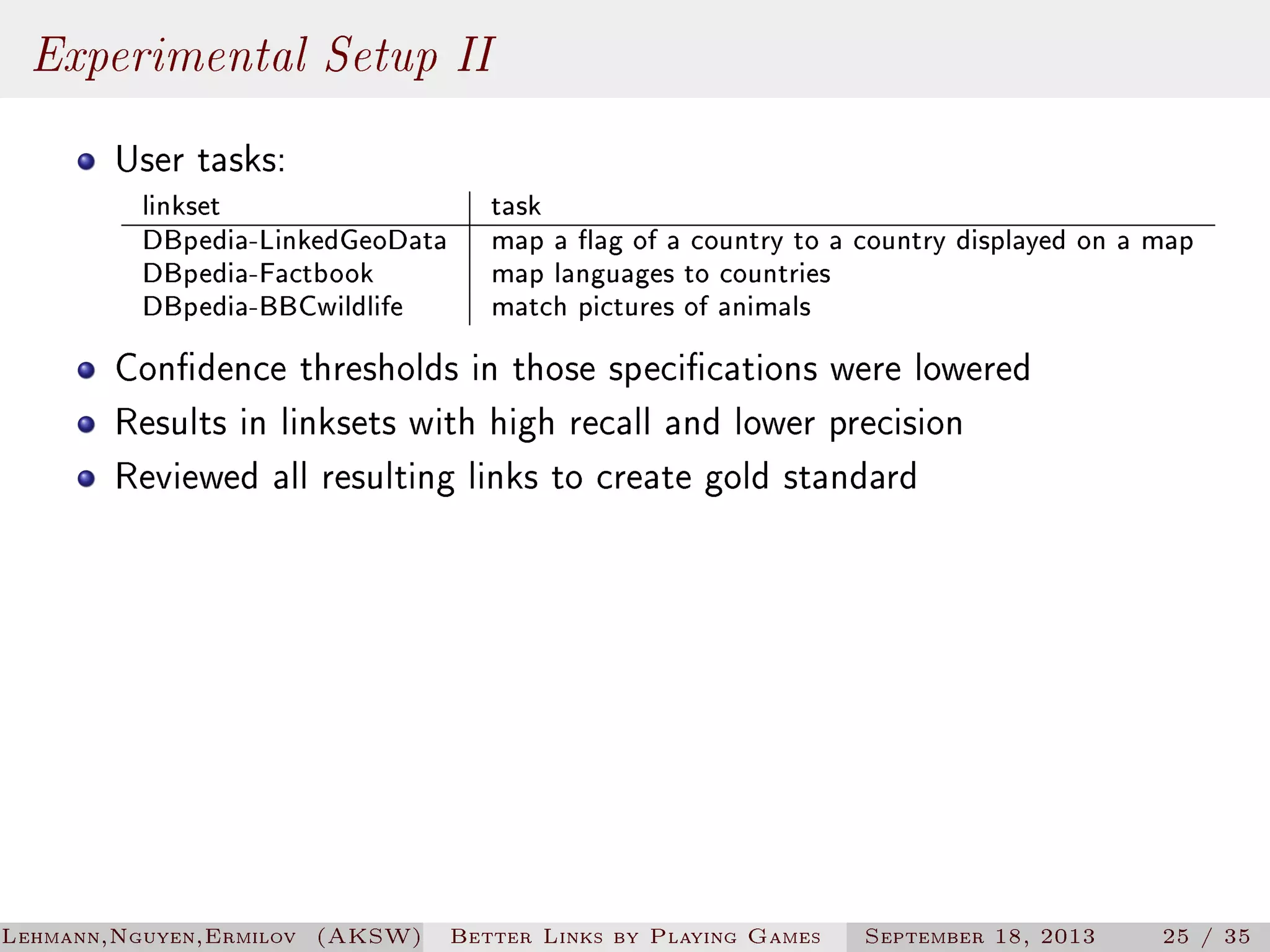 Experimental Setup II
User tasks:

linkset
DBpedia-LinkedGeoData
DBpedia-Factbook
DBpedia-BBCwildlife

task
map a ag of a country to a country displayed on a map
map languages to countries
match pictures of animals

Condence thresholds in those specications were lowered
Results in linksets with high recall and lower precision
Reviewed all resulting links to create gold standard

Lehmann,Nguyen,Ermilov (AKSW)

Better Links by Playing Games

September 18, 2013

25 / 35

 