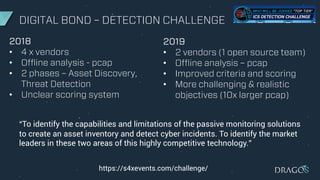 DIGITAL BOND – DETECTION CHALLENGE
2018
• 4 x vendors
• Offline analysis - pcap
• 2 phases – Asset Discovery,
Threat Detection
• Unclear scoring system
2019
• 2 vendors (1 open source team)
• Offline analysis – pcap
• Improved criteria and scoring
• More challenging & realistic
objectives (10x larger pcap)
https://s4xevents.com/challenge/
“To identify the capabilities and limitations of the passive monitoring solutions
to create an asset inventory and detect cyber incidents. To identify the market
leaders in these two areas of this highly competitive technology.”
 