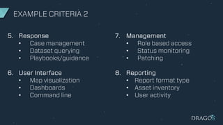 EXAMPLE CRITERIA 2
5. Response
• Case management
• Dataset querying
• Playbooks/guidance
6. User Interface
• Map visualization
• Dashboards
• Command line
7. Management
• Role based access
• Status monitoring
• Patching
8. Reporting
• Report format type
• Asset inventory
• User activity
 