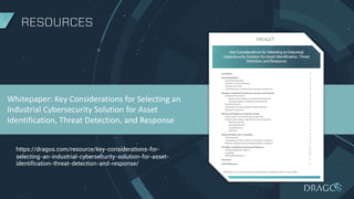 RESOURCES
Whitepaper: Key Considerations for Selecting an
Industrial Cybersecurity Solution for Asset
Identification, Threat Detection, and Response
https://dragos.com/resource/key-considerations-for-
selecting-an-industrial-cybersecurity-solution-for-asset-
identification-threat-detection-and-response/
 