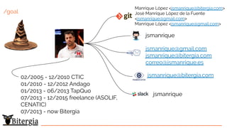 Manrique López <jsmanrique@bitergia.com>
José Manrique López de la Fuente
<jsmanrique@gmail.com>
Manrique López <jsmanrique@gmail.com>
jsmanrique
jsmanrique@gmail.com
jsmanrique@bitergia.com
correo@jsmanrique.es
jsmanrique
jsmanrique@bitergia.com02/2005 - 12/2010 CTIC
01/2010 - 12/2012 Andago
01/2013 - 06/2013 TapQuo
07/2013 - 12/2015 freelance (ASOLIF,
CENATIC)
07/2013 - now Bitergia
/goal
 