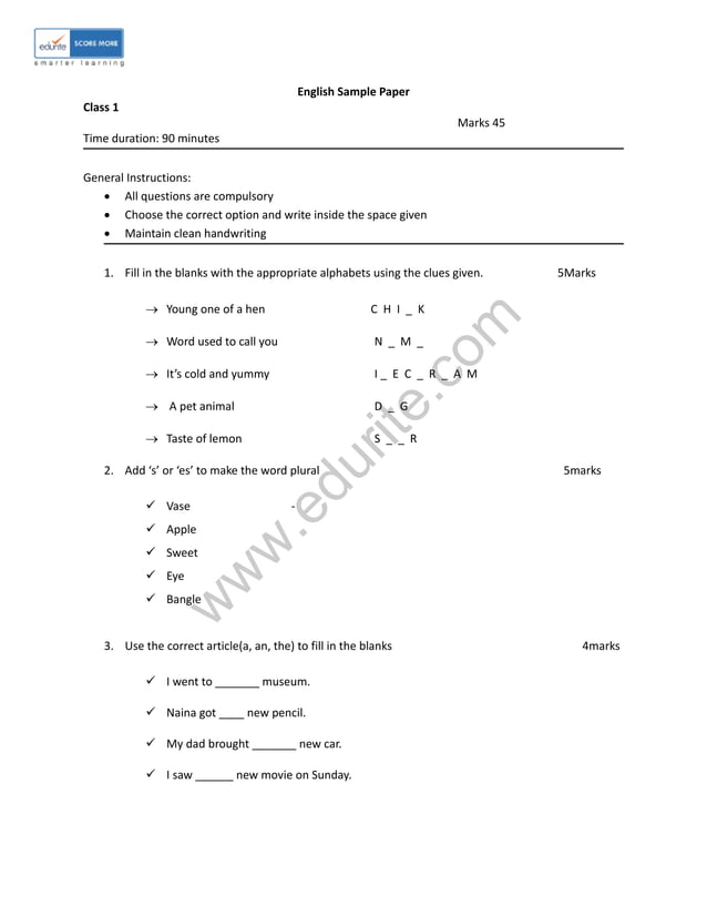 Class 1 Icse English Sample Paper Class 1 Icse English Sample Paper