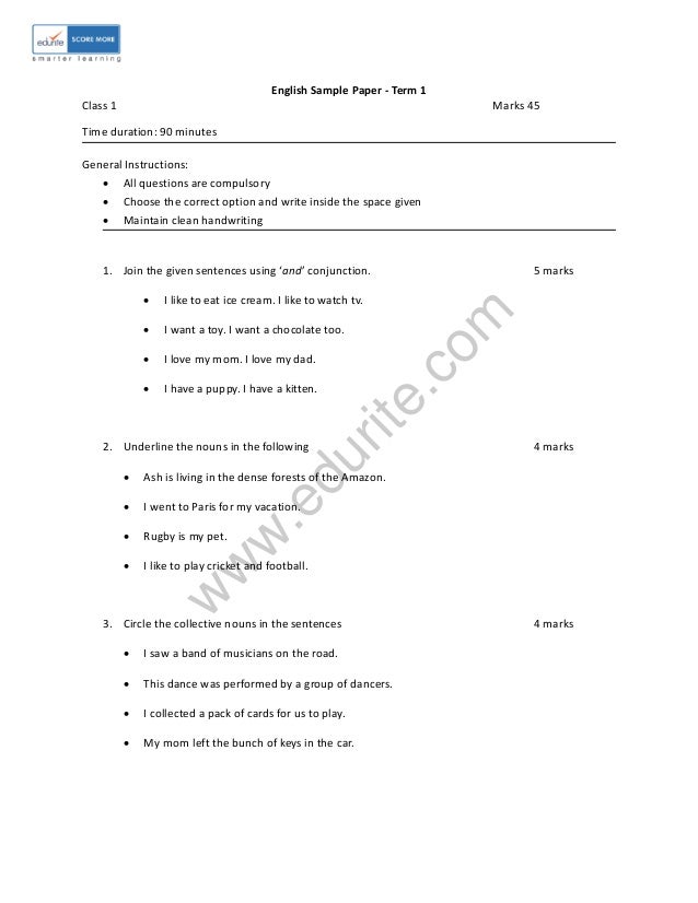 Class 1 ICSE English Sample Paper Term 1