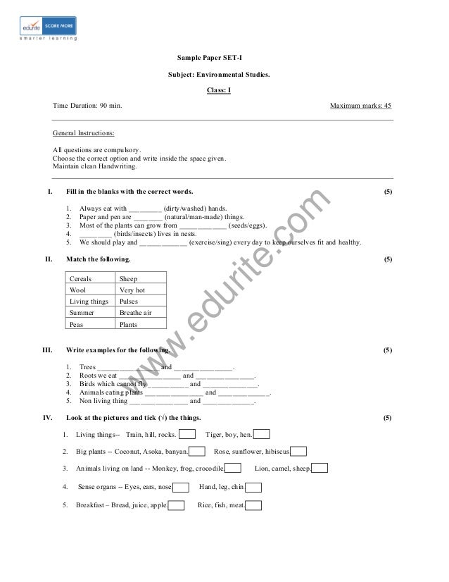class 1 icse evs sample paper model 1