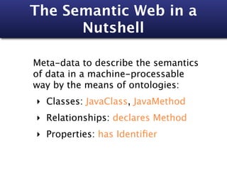 The Semantic Web in a
      Nutshell

Meta-data to describe the semantics
of data in a machine-processable
way by the means of ontologies:
‣ Classes: JavaClass, JavaMethod
‣ Relationships: declares Method
‣ Properties: has Identiﬁer
 