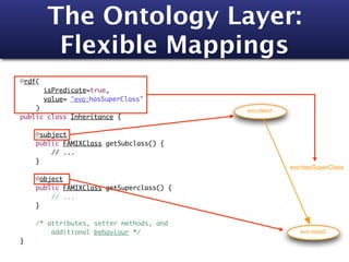 The Ontology Layer:
       Flexible Mappings
@rdf(
	      isPredicate=true,
 	     value= "evo:hasSuperClass"
	   )                                    evo:class1
public class Inheritance {
	     	 	
 	 @subject
 	 public FAMIXClass getSubclass() {
 	 	     // ...
 	 }
 	                                                    evo:hasSuperClass
 	 @object
 	 public FAMIXClass getSuperclass() {
 	 	     // ...
 	 }
 	
 	 /* attributes, setter methods, and
 	       additional behaviour */                         evo:class2
}
 