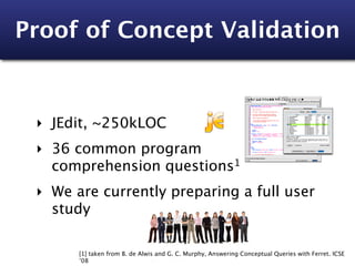 Proof of Concept Validation


 ‣ JEdit, ~250kLOC
 ‣ 36 common program
   comprehension questions1


 ‣ We are currently preparing a full user
   study

       [1] taken from B. de Alwis and G. C. Murphy, Answering Conceptual Queries with Ferret. ICSE
       ’08
 