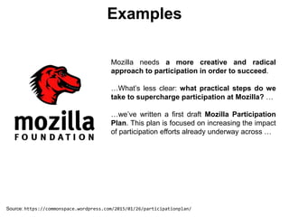 Examples
Source: https://commonspace.wordpress.com/2015/01/26/participationplan/
Mozilla needs a more creative and radical
approach to participation in order to succeed.
…What’s less clear: what practical steps do we
take to supercharge participation at Mozilla? …
…we’ve written a first draft Mozilla Participation
Plan. This plan is focused on increasing the impact
of participation efforts already underway across …
 