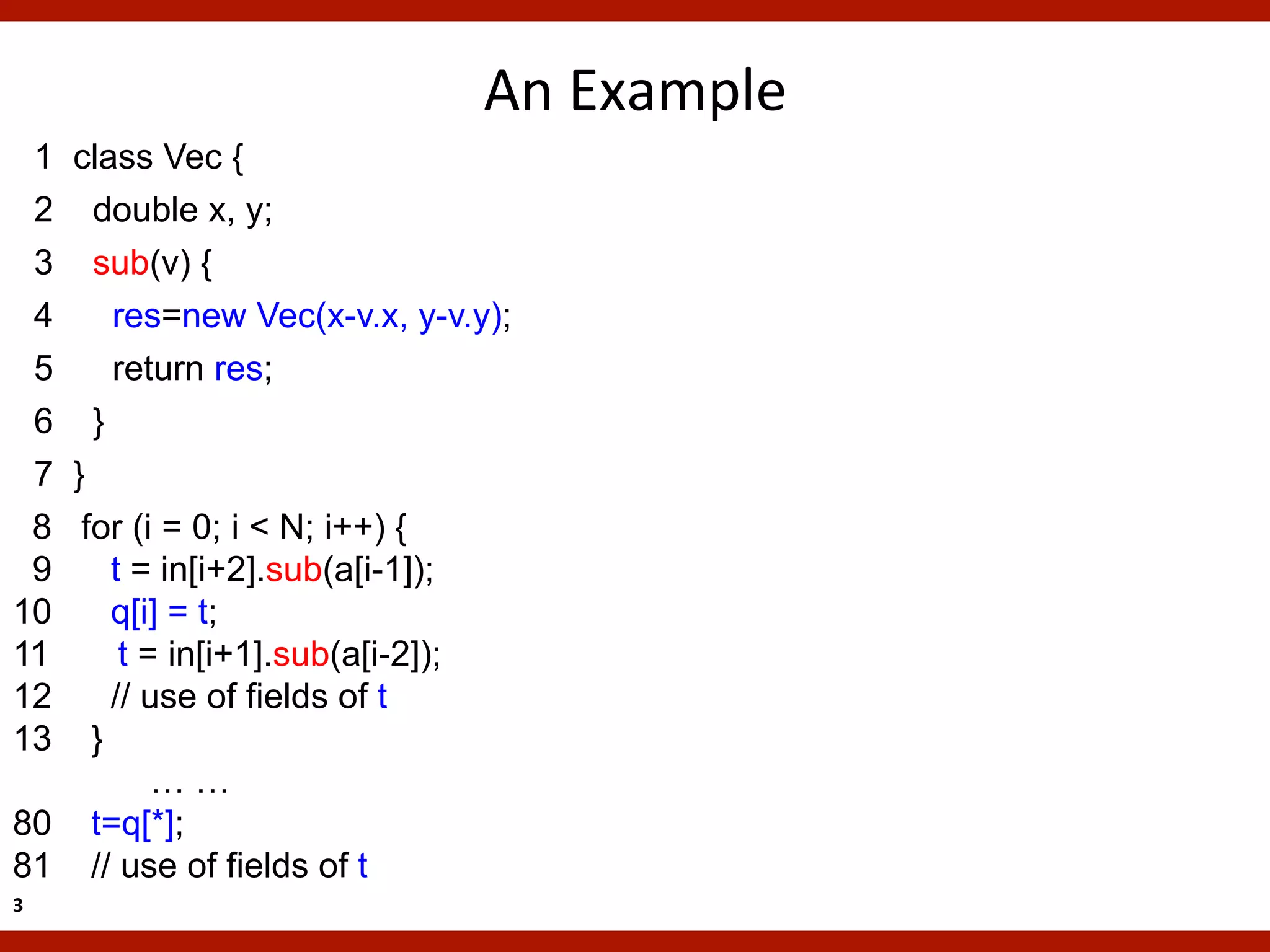 An	
  Example	
  
 1 class Vec {
 2 double x, y;
 3 sub(v) {
 4    res=new Vec(x-v.x, y-v.y);
 5    return res;
 6 }
 7 }
 8 for (i = 0; i < N; i++) {
 9    t = in[i+2].sub(a[i-1]);
10    q[i] = t;
11     t = in[i+1].sub(a[i-2]);
12    // use of fields of t
13 }
          ……
80 t=q[*];
81 // use of fields of t
3	
  
 