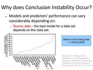 Two Examples of Conclusion Instability
● Regression vs Analogy-based SEE
● 7 studies favoured regression, 4 were indiffere...