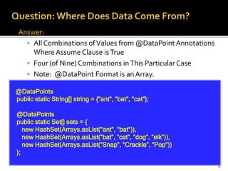 14
Answer:
 All Combinations ofValues from @DataPoint Annotations
Where Assume Clause isTrue
 Four (of Nine) Combinations inThis Particular Case
 Note: @DataPoint Format is an Array.
@DataPoints
public static String[] string = {"ant", "bat", "cat"};
@DataPoints
public static Set[] sets = {
new HashSet(Arrays.asList("ant", "bat")),
new HashSet(Arrays.asList(“bat", “cat", “dog“, “elk”)),
new HashSet(Arrays.asList(“Snap”, “Crackle”, “Pop"))
};
 