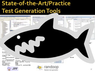 Running Symbolic PathFinder ...
…
============================================
========== results
no errors detected
============================================
========== statistics
elapsed time: 0:00:02
states: new=4, visited=0,
backtracked=4, end=2
search: maxDepth=3,
constraints=0
choice generators: thread=1, data=2
heap: gc=3, new=271, free=22
instructions: 2875
max memory: 81MB
loaded code: classes=71, methods=884
…
17
 