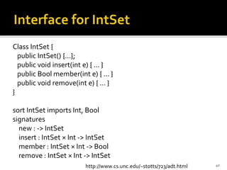 Class IntSet {
public IntSet() {…};
public void insert(int e) { … }
public Bool member(int e) { … }
public void remove(int e) { … }
}
sort IntSet imports Int, Bool
signatures
new : -> IntSet
insert : IntSet × Int -> IntSet
member : IntSet × Int -> Bool
remove : IntSet × Int -> IntSet
40http://www.cs.unc.edu/~stotts/723/adt.html
 