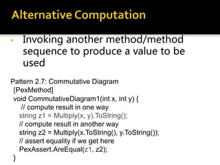 • Invoking another method/method
sequence to produce a value to be
used
Pattern 2.7: Commutative Diagram
[PexMethod]
void CommutativeDiagram1(int x, int y) {
// compute result in one way
string z1 = Multiply(x, y).ToString();
// compute result in another way
string z2 = Multiply(x.ToString(), y.ToString());
// assert equality if we get here
PexAssert.AreEqual(z1, z2);
}
 