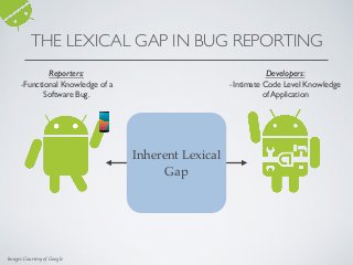 Reporters:
-Functional Knowledge of a
Software Bug.
Developers:
-Intimate Code Level Knowledge
of Application
Images Courtesy of Google
Inherent Lexical
Gap
THE LEXICAL GAP IN BUG REPORTING
 