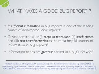 WHAT MAKES A GOOD BUG REPORT ?
❖ Insufﬁcient information in bug reports is one of the leading
causes of non-reproducible reports1
❖ Developers consider (i) steps to reproduce, (ii) stack traces,
and (iii) test cases/scenarios as the most helpful sources of
information in bug reports2
❖ Information needs are greatest earliest in a bug’s lifecycle3
1M. Erfani Joorabchi, M. Mirzaaghaei, and A. Mesbah.Works for me! characterizing non-reproducible bug reports. MSR 2014,
2N. Bettenburg, S. Just,A. Schröter, C.Weiss, R. Premraj, and T. Zimmermann.What makes a good bug report? (SIGSOFT ’08/FSE-16),
3S. Breu, R. Premraj, J. Sillito, and T. Zimmermann. Information needs in bug reports: Improving cooperation between developers and users. (CSCW)
 
 