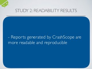 STUDY 2: READABILITY RESULTS
Question
CrashScope
Mean
CrashScope
StdDev
Original Mean Original StdDev
UX1: I think I would like to have this
type of bug report frequently.
4.00 0.89 3.06 0.77
UX2: I found this type of bug report
unnecessarily complex.
2.81 1.04 2.125 0.96
UX3: I thought this type of bug report
was easy to read/understand.
4.00 0.82 3.00 0.97
UX4: I found this type of bug report
very cumbersome to read.
2.50 1.10 2.44 0.81
UX5: I thought the bug report was very
useful for reproducing the crash. 4.13 0.62 3.44 0.89
- Reports generated by CrashScope are
more readable and reproducible
 