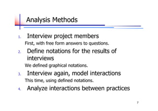Analysis Methods

1.    Interview project members
     First, with free form answers to questions.
2.    Define notations for the results of
      interviews
     We defined graphical notations.
3.    Interview again, model interactions
     This time, using defined notations.
4.    Analyze interactions between practices

                                                   7
 