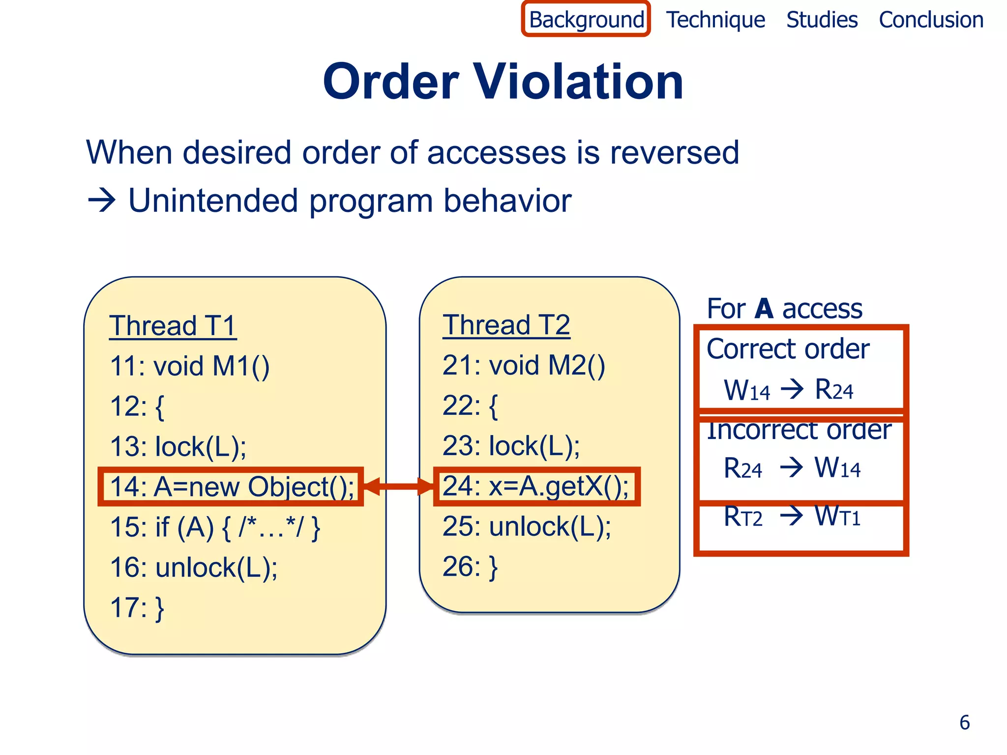 Background Technique Studies Conclusion


                  Order Violation
When desired order of accesses is reversed
 Unintended program behavior


                                             For A access
 Thread T1              Thread T2
                                             Correct order
 11: void M1()          21: void M2()
                                              W14  R24
 12: {                  22: {
                                             Incorrect order
 13: lock(L);           23: lock(L);
                                              R24  W14
 14: A=new Object();    24: x=A.getX();
 15: if (A) { /*…*/ }   25: unlock(L);        RT2  WT1
 16: unlock(L);         26: }
 17: }



                                                                  6
 