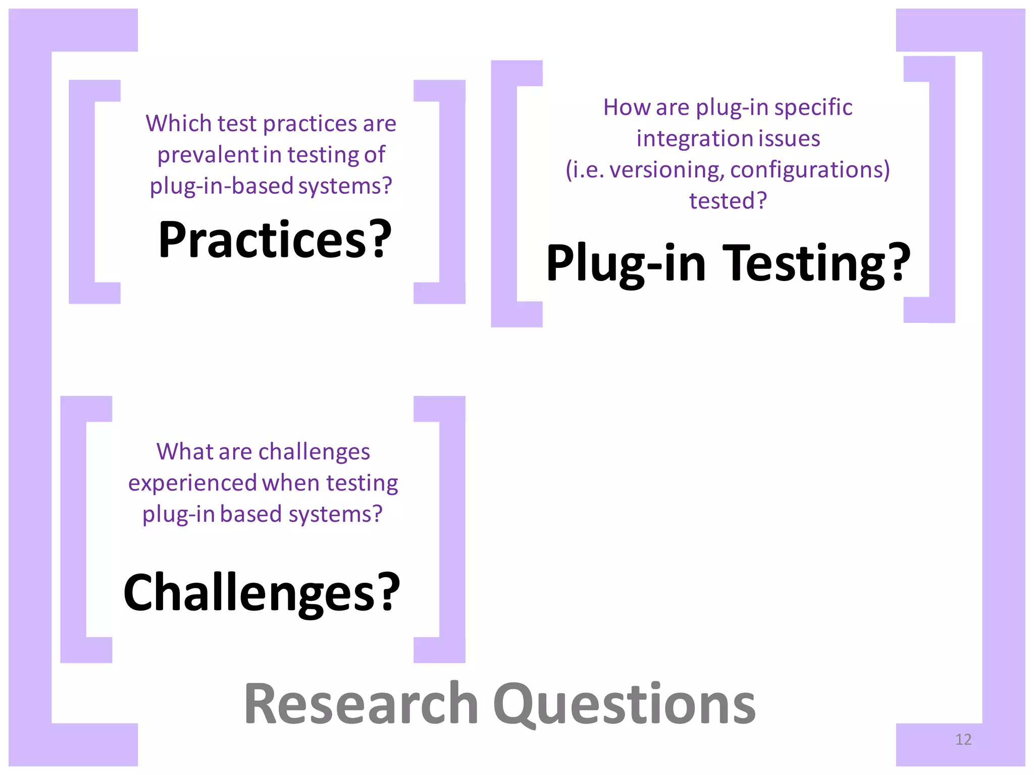 How are plug-in specific Which test practices are integration issues prevalent in testing of (i.e. versioning, configurations) plug-in-based systems? tested? Practices? Plug-in Testing? What are challenges experienced when testing plug-in based systems? Challenges? Research Questions 12 