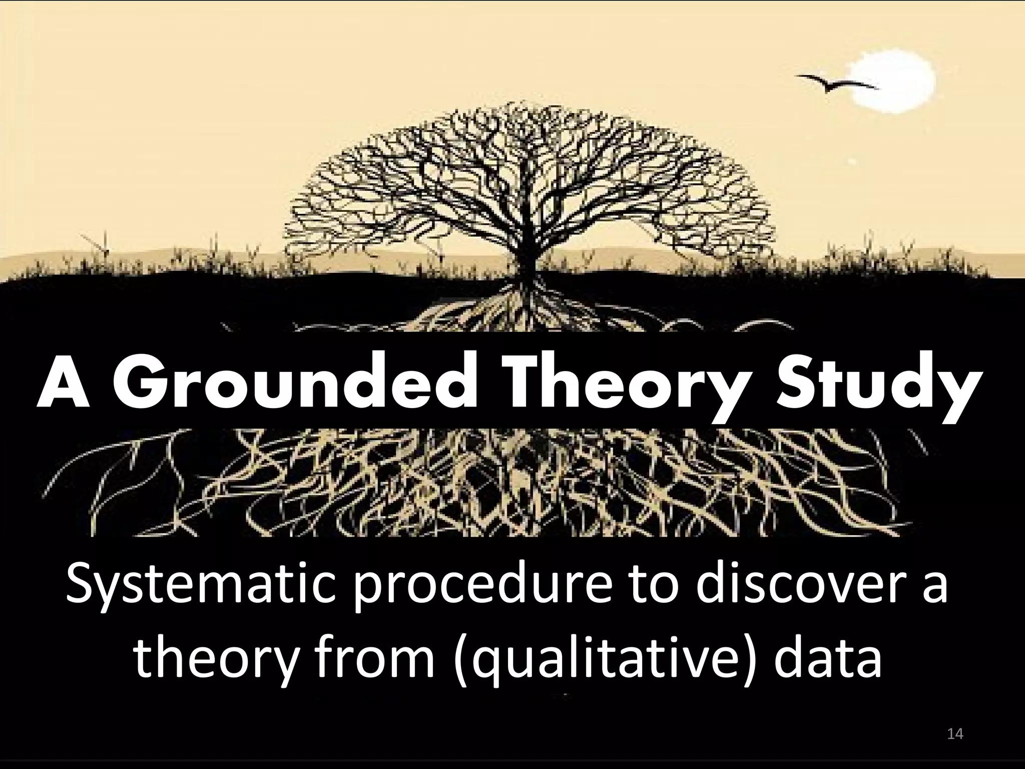 A Grounded Theory Study Systematic procedure to discover a theory from (qualitative) data 14 