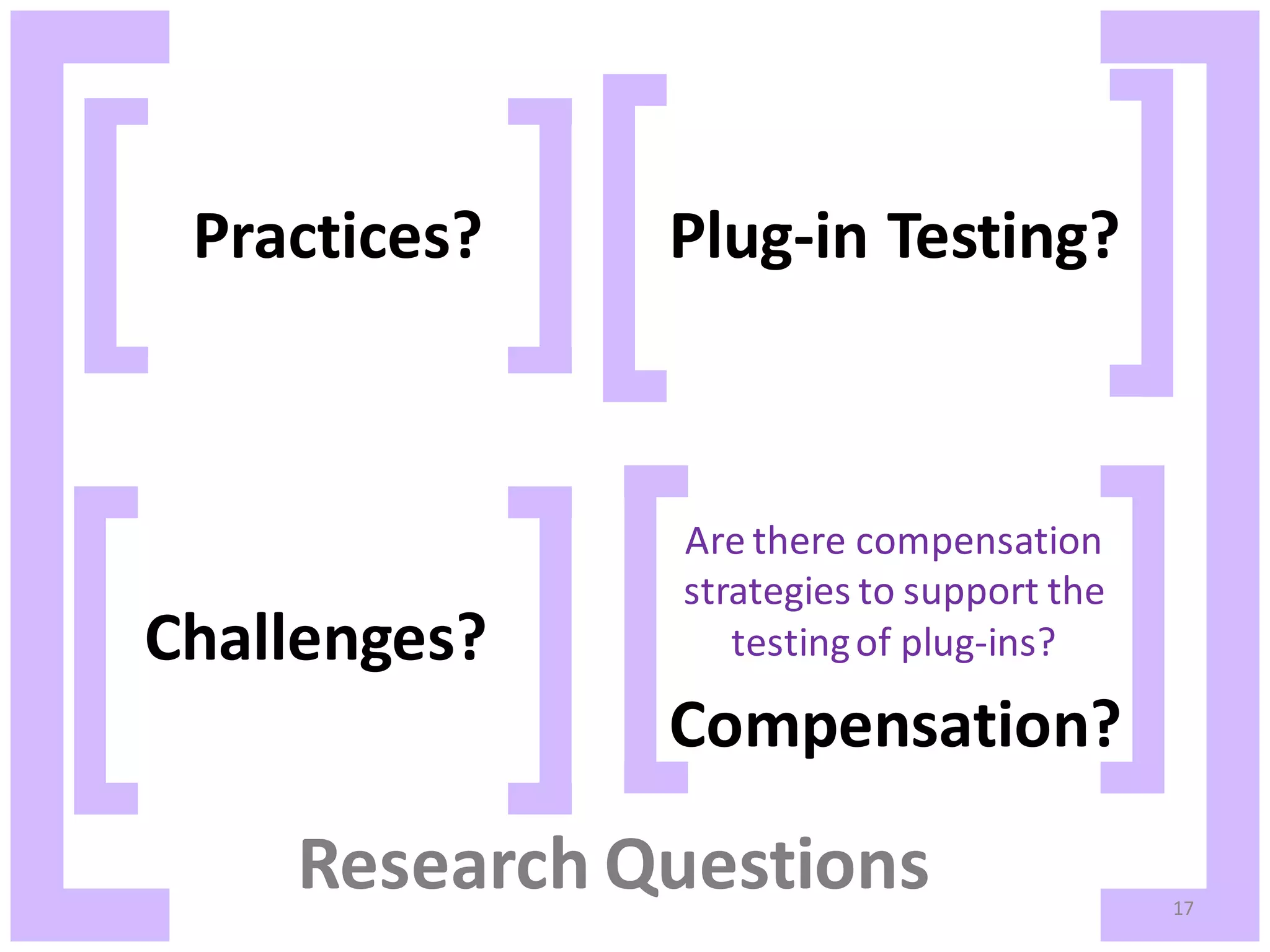 Practices? Plug-in Testing? Are there compensation strategies to support the Challenges? testing of plug-ins? Compensation? Research Questions 17 
