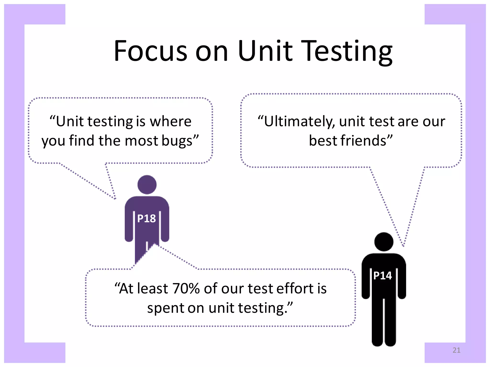 Focus on Unit Testing Focus on Unit Testing “Unit testing is where “Ultimately, unit test are our you find the most bugs” best friends” P18 P14 “At least 70% of our test effort is spent on unit testing.” 21 