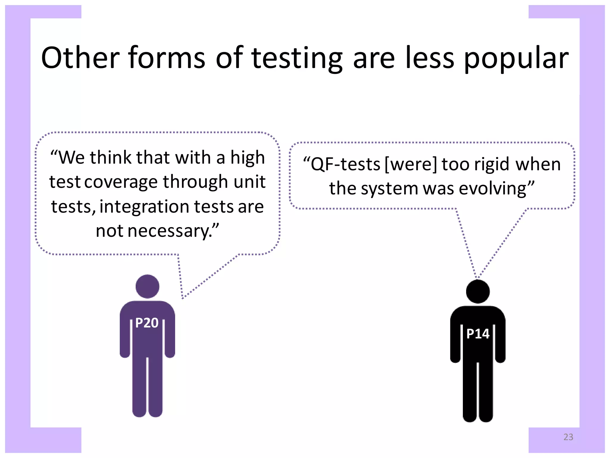 Other forms of testing are less popular “We think that with a high “QF-tests [were] too rigid when test coverage through unit the system was evolving” tests, integration tests are not necessary.” P20 P14 23 