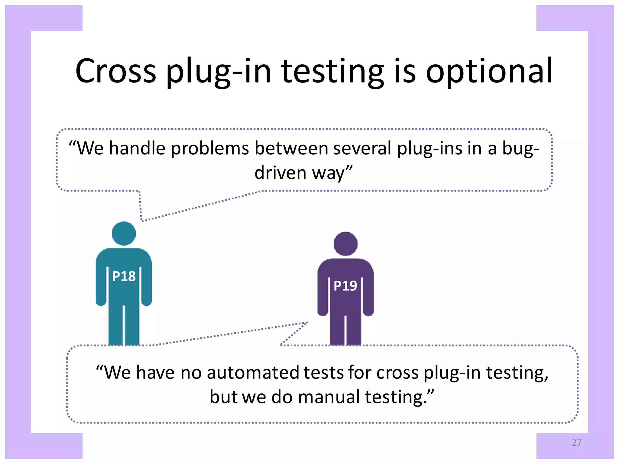 Cross plug-in testing is optional “We handle problems between several plug-ins in a bug- driven way” P18 P19 “We have no automated tests for cross plug-in testing, but we do manual testing.” 27 
