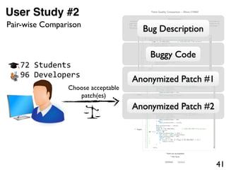 41
User Study #2
Bug Description
Buggy Code
Anonymized Patch #1
Anonymized Patch #2
Choose acceptable
patch(es)
72  Studen...