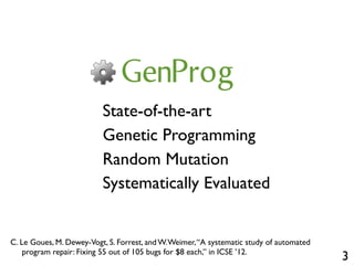 3
GenProg
State-of-the-art
Genetic Programming
Random Mutation
Systematically Evaluated
C. Le Goues, M. Dewey-Vogt, S. For...