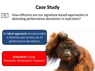 Case Study
How effective are our signature-based approaches in
detecting performance deviations in load tests?
RQ
An Ideal approach should predict
a minimal and correct set of
performance deviations.
Evaluation Using:
Precision, Recall and F-measure
31
 