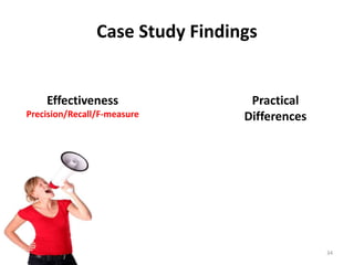 Case Study Findings
Effectiveness
Precision/Recall/F-measure
Practical
Differences
34
 