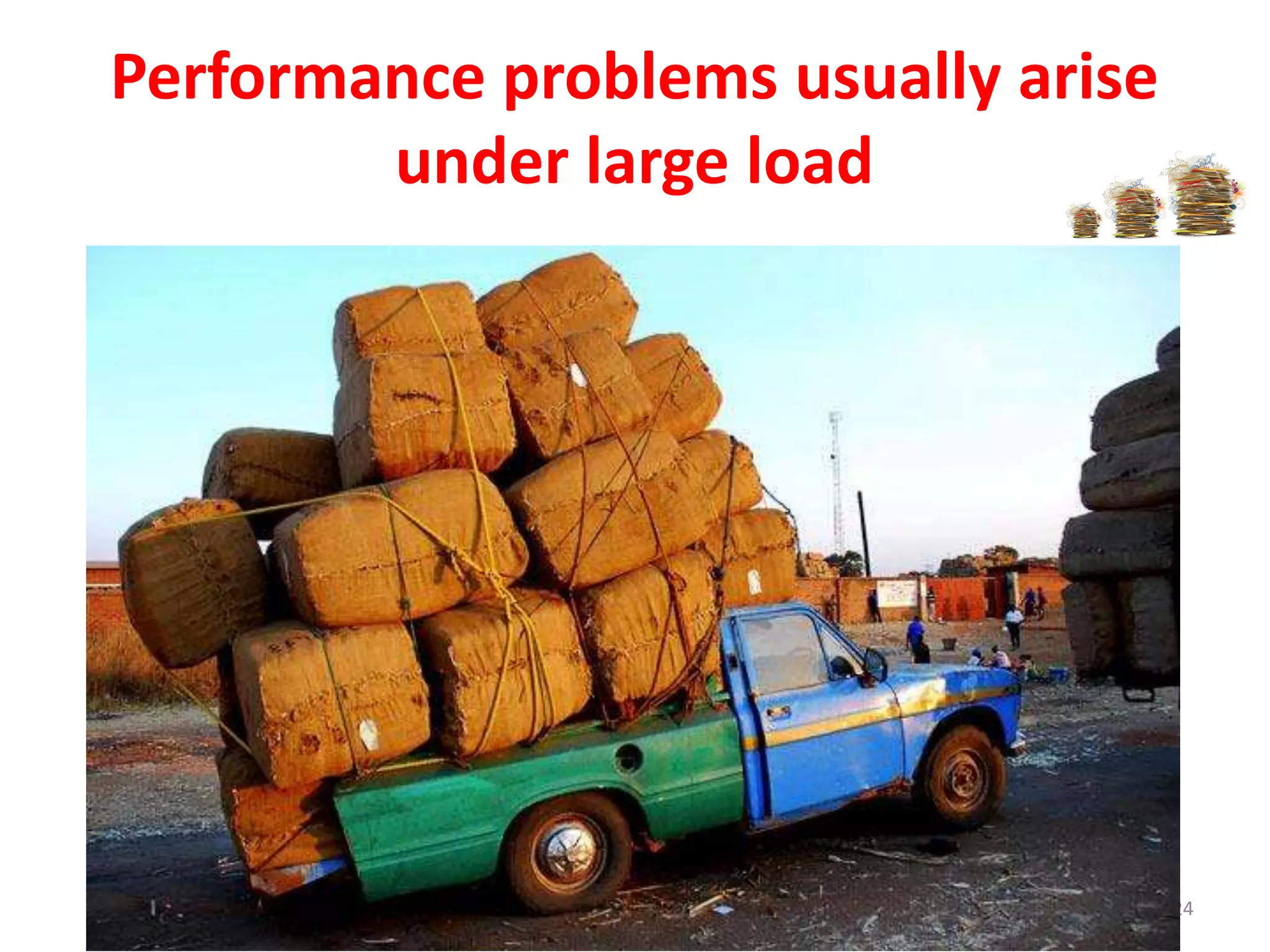 Performance problems usually arise
under large load
24
 