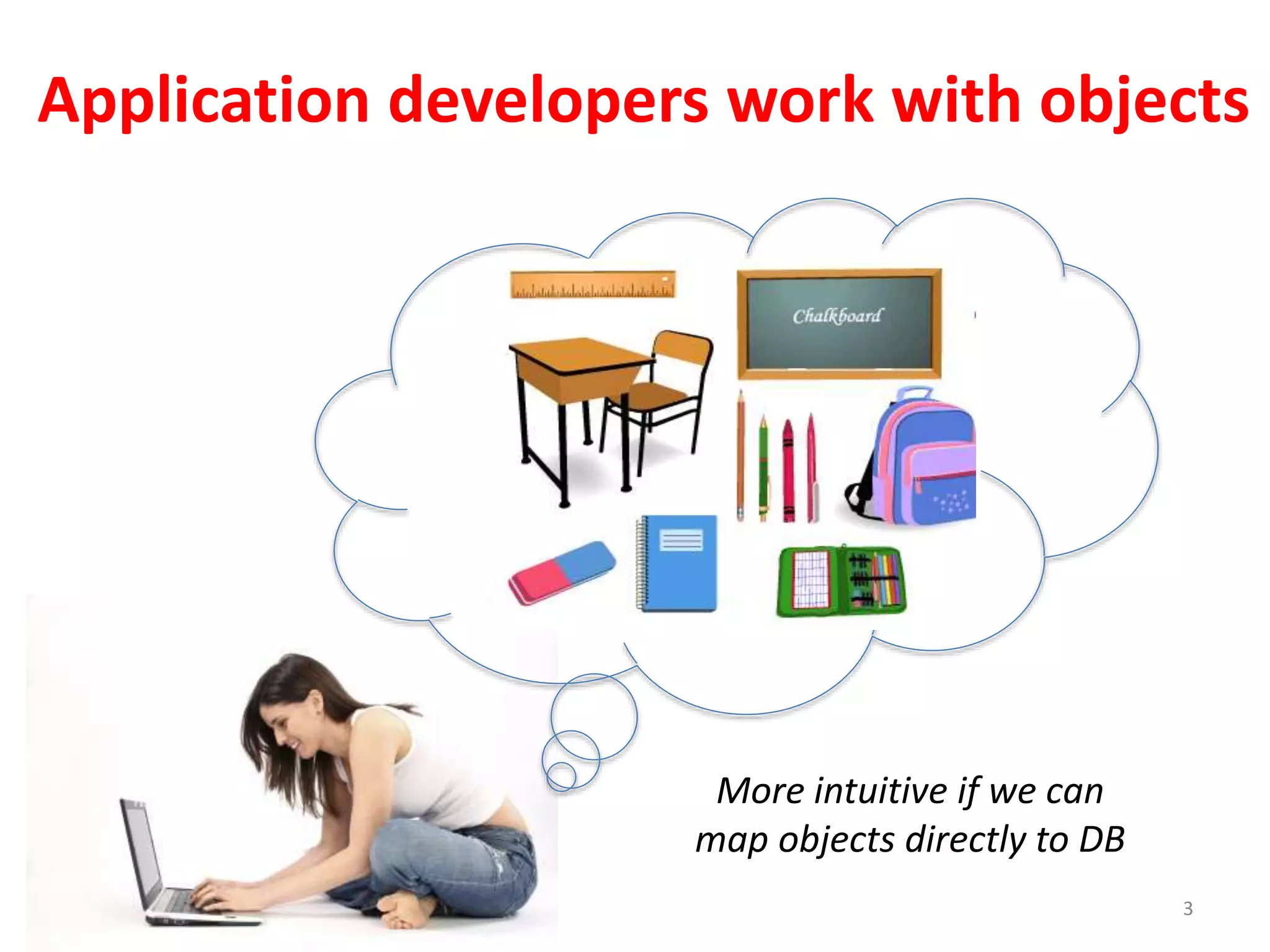 3
Application developers work with objects
More intuitive if we can
map objects directly to DB
 