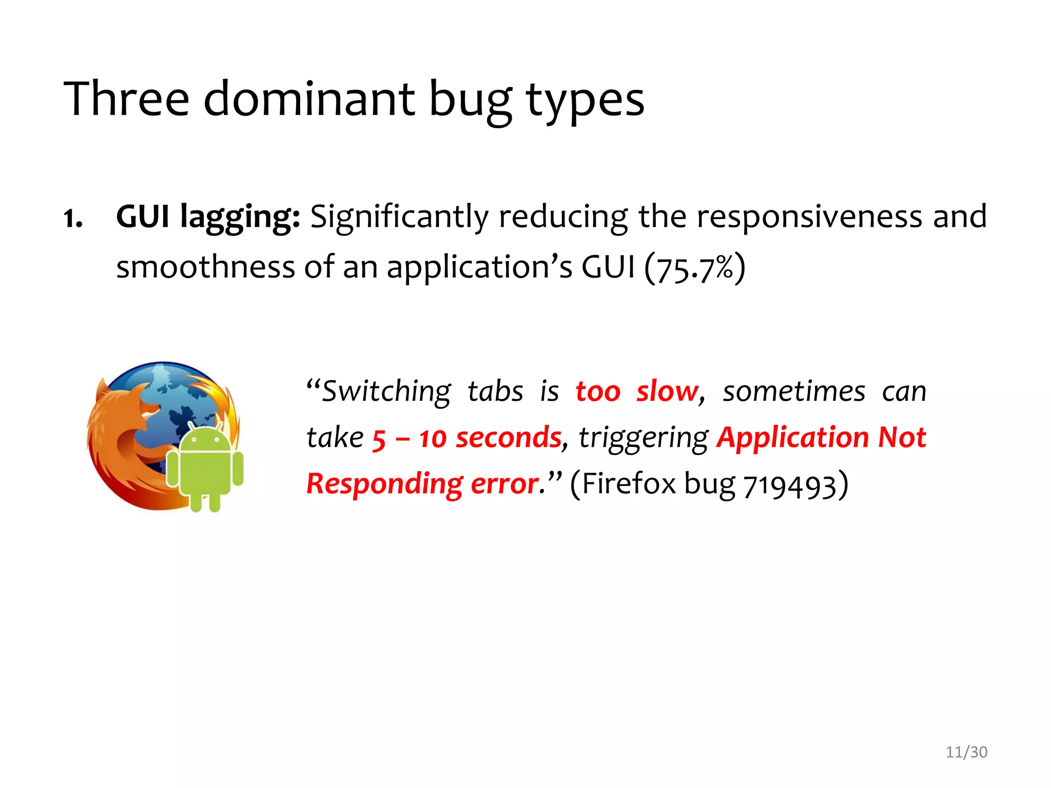Three dominant bug types
1. GUI lagging: Significantly reducing the responsiveness and
smoothness of an application’s GUI (75.7%)
“Switching tabs is too slow, sometimes can
take 5 – 10 seconds, triggering Application Not
Responding error.” (Firefox bug 719493)
11/30
 