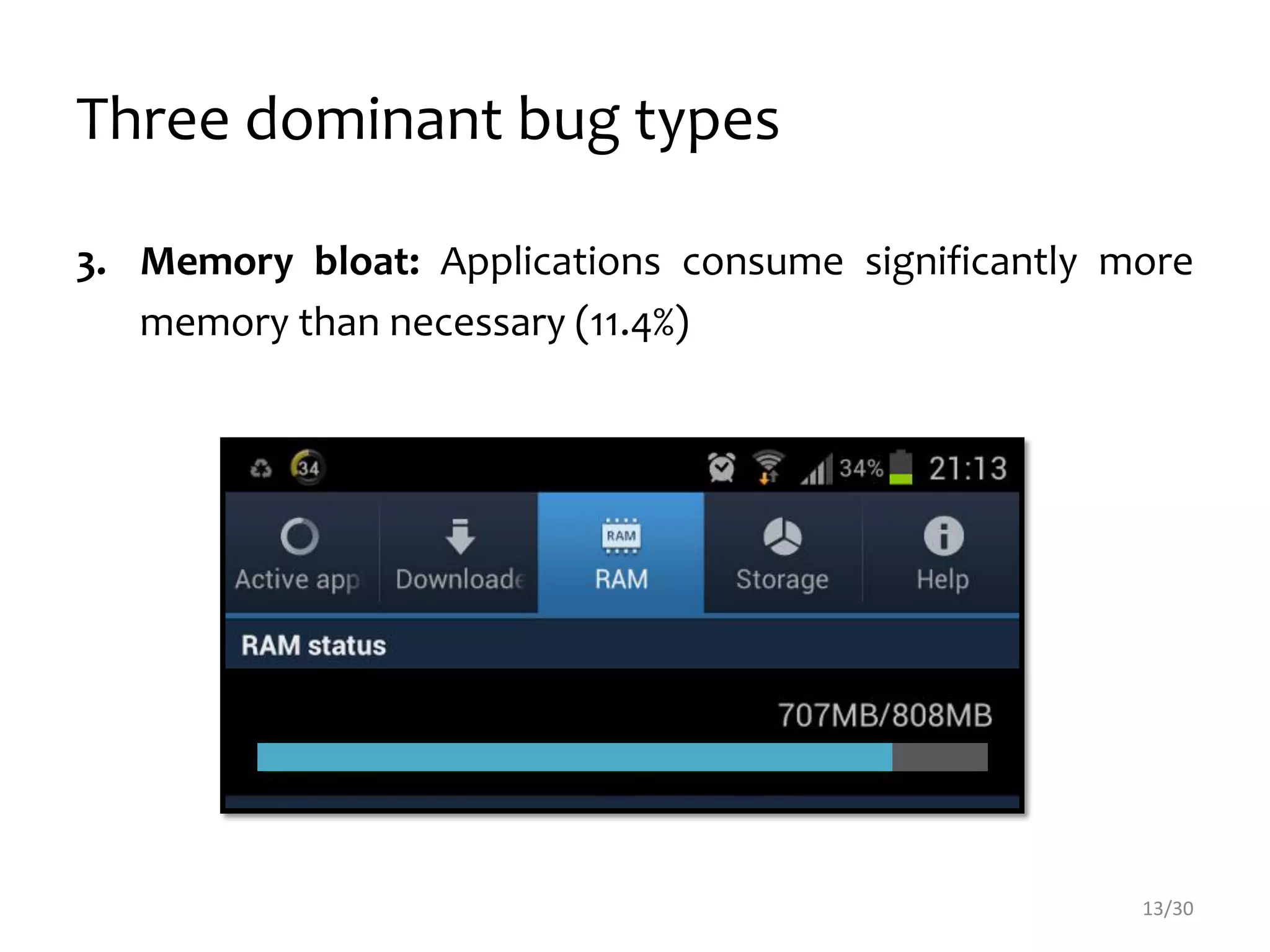 Three dominant bug types
3. Memory bloat: Applications consume significantly more
memory than necessary (11.4%)
13/30
 