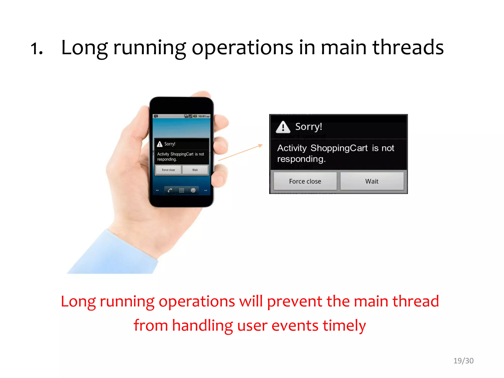 1. Long running operations in main threads
2
4
View my
items
SHOPPING
CART
19/30
Long running operations will prevent the main thread
from handling user events timely
 
